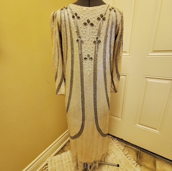 Beaded Sequined 100% Silk Evening Dress, Size S - Picture 3 of 10